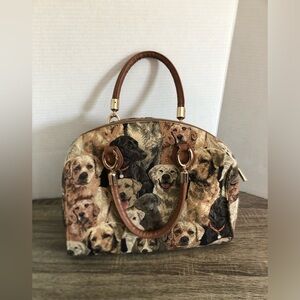 Dog Print Tapestry Bag with Brown Accents